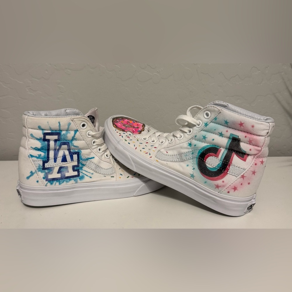 Vans unisex Dodger, TikTok, and doughnut custom painted old skool high tops.